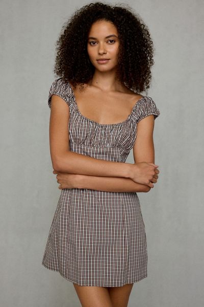 BDG Highland Square Neck Puff Sleeve Plaid Mini Dress