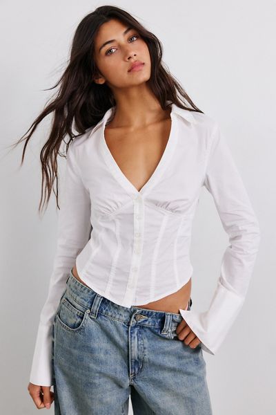 BDG Aria V-Neck Long Sleeve Slim Button-Down Shirt