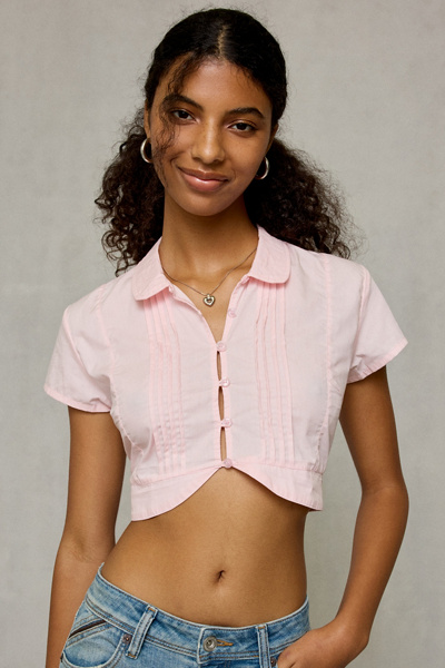 Motel Sagima Cropped Short Sleeve Button-Down Blouse
