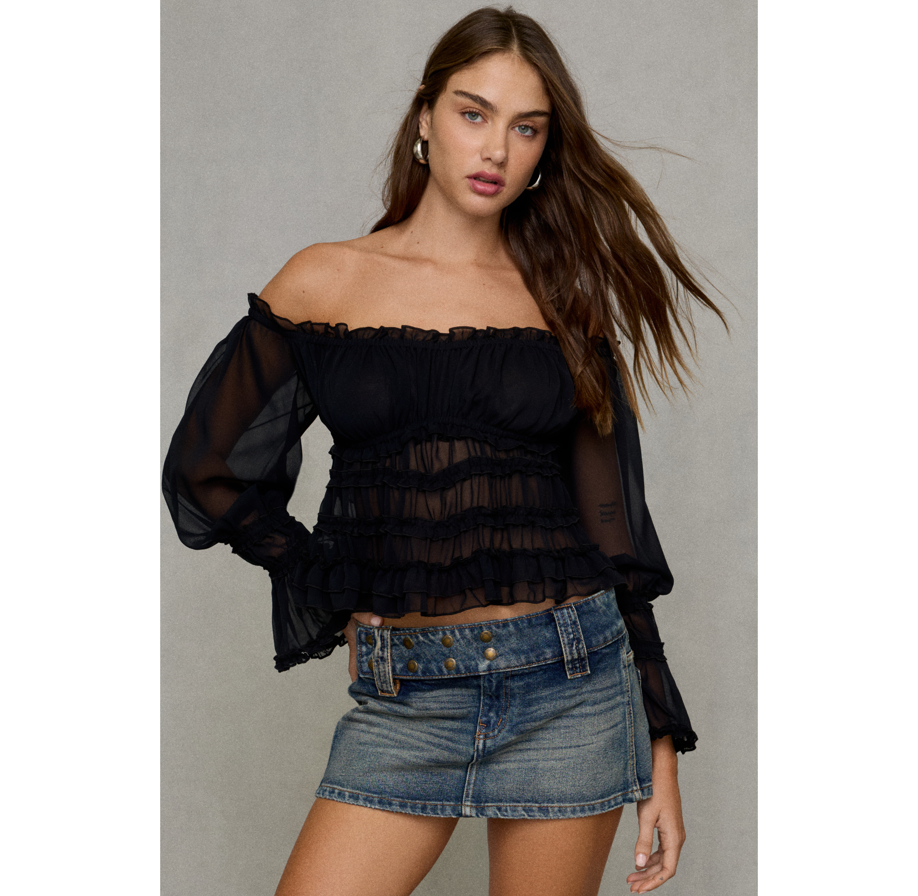 Kimchi Blue Radiant Romantic Ruffle Long Sleeve Off-The-Shoulder Top