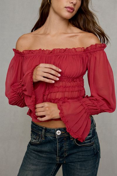 Kimchi Blue Radiant Romantic Ruffle Long Sleeve Off-The-Shoulder Top