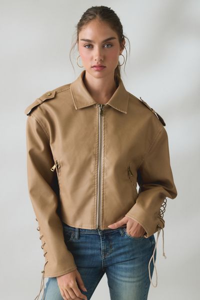 Lioness Jet Lace-Up Sleeve Faux Leather Jacket