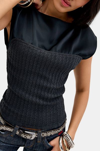 UO Hallie Mixed Media Satin + Knit Boatneck Top