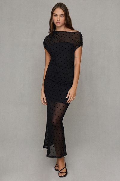 Kiss The Sky Saoirse Polka Dot Mesh Off-Shoulder Maxi Dress