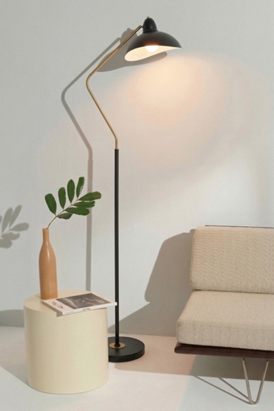Brightech Swoop LED Arc Floor Lamp in Classic Matte Black With Antiqued Brass Accents at Urban Outfitters
