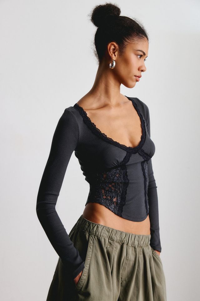 BDG Coral Lace Detail V-Neck Long Sleeve Tee #2