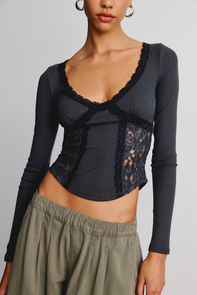 BDG Coral Lace Detail V-Neck Long Sleeve Tee