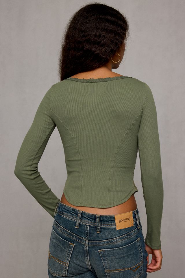 BDG Coral Lace Detail V-Neck Long Sleeve Tee #3