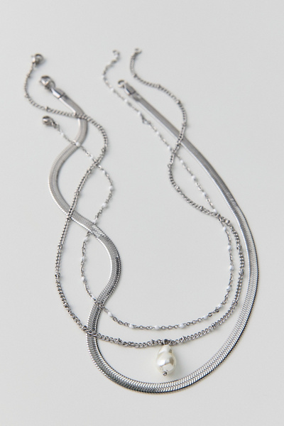 Hannah Pearl Pendant Waterproof Layering Necklaces Set in Silver, Women's at Urban Outfitters