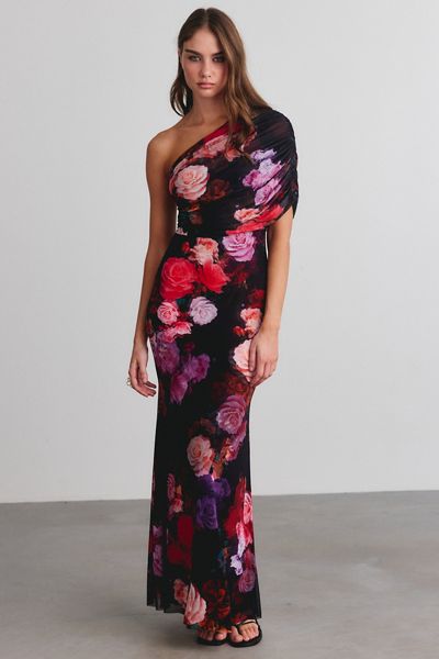 AFRM Mirabel Ruched One-Shoulder Mesh Maxi Dress