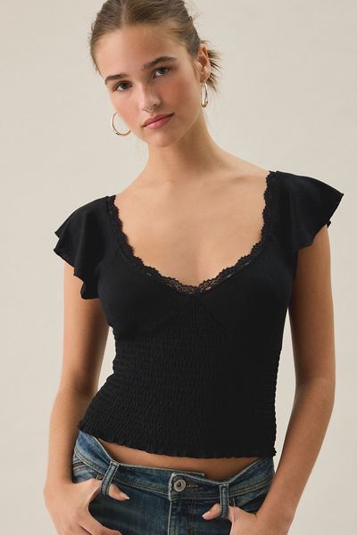 Kimchi Blue Only You Flutter Sleeve Lace Trim Pointelle Tee