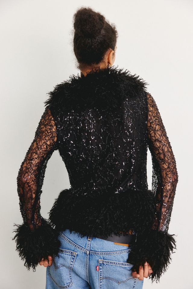 AFRM Simone Lace Faux Fur Trim Cardigan Top #3
