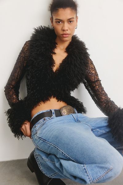 AFRM Simone Lace Faux Fur Trim Cardigan Top