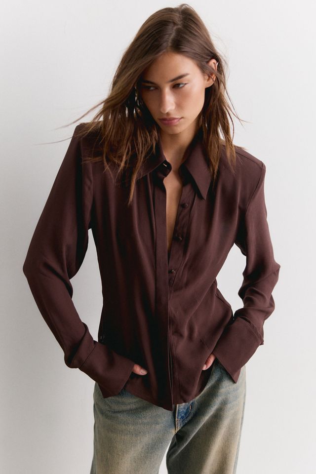 AFRM Caroline Espresso Long Sleeve Button-Down Top #1