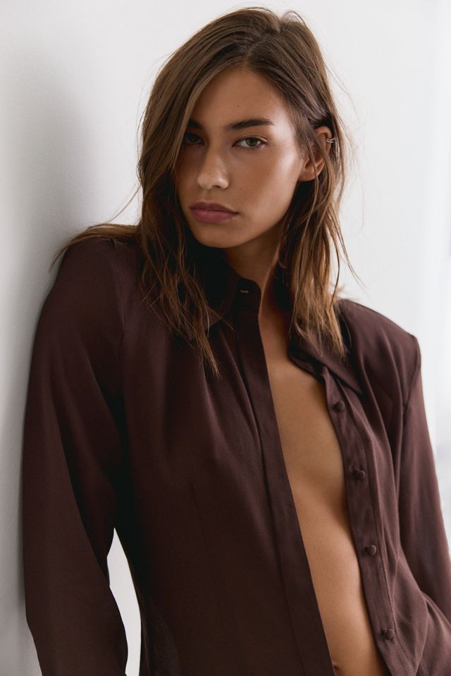 AFRM Caroline Espresso Long Sleeve Button-Down Top #2