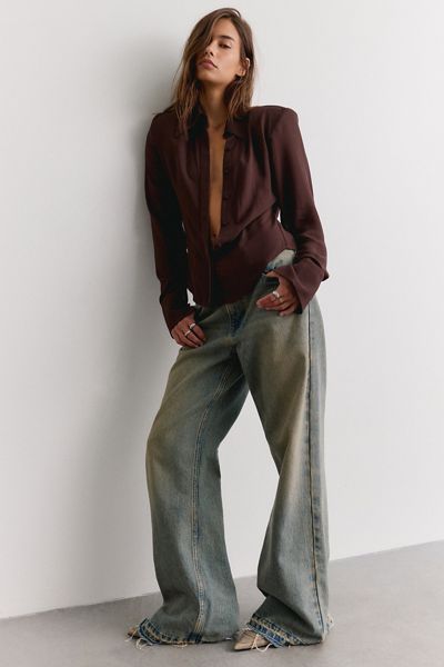AFRM Caroline Espresso Long Sleeve Button-Down Top