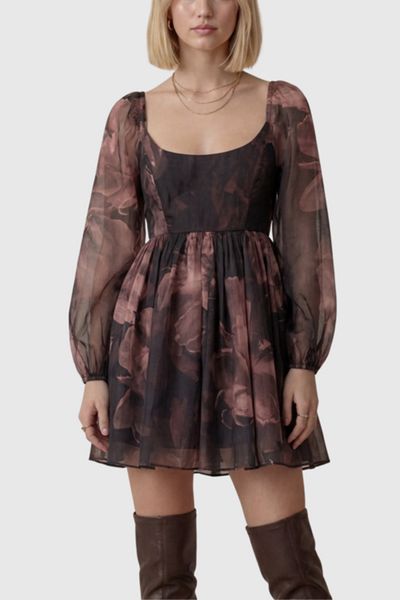 Modenaire Long Puff Sleeve Floral Mini Dress