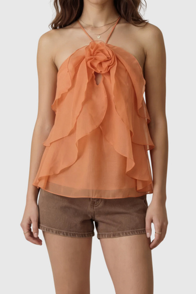 Modenaire Halter Floral Applique Ruffle Top