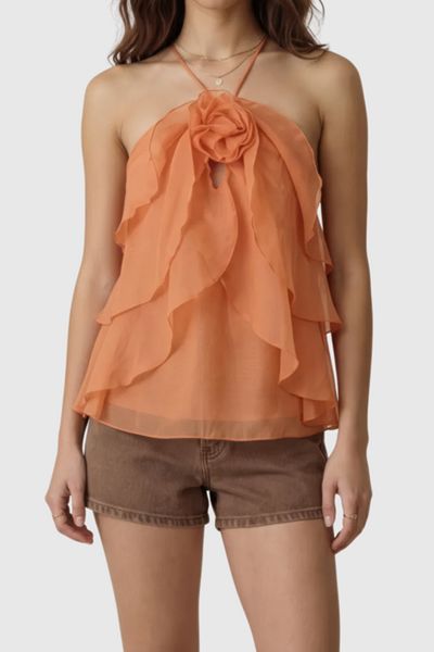Modenaire Halter Floral Applique Ruffle Top