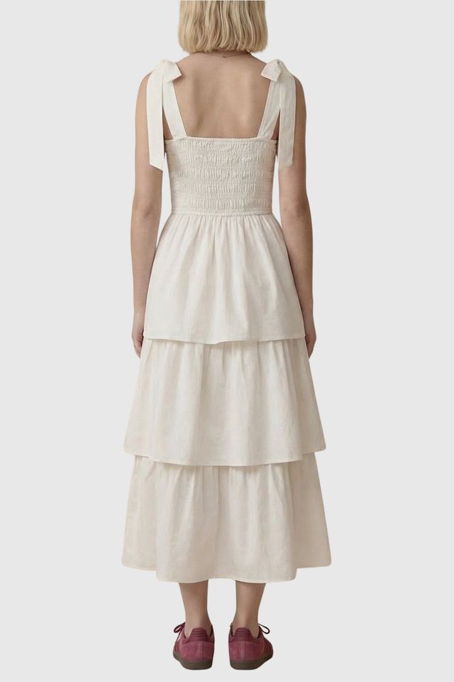 Modenaire Tiered Smocked Bow-Tie Shoulder Midi Dress | Urban
