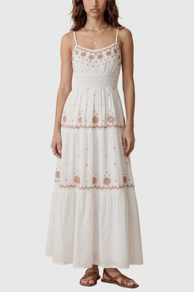Modenaire Sleeveless Delicate Lace Trim Embroidered Maxi Dress in Off-White, Women's at Urban Outfitters
