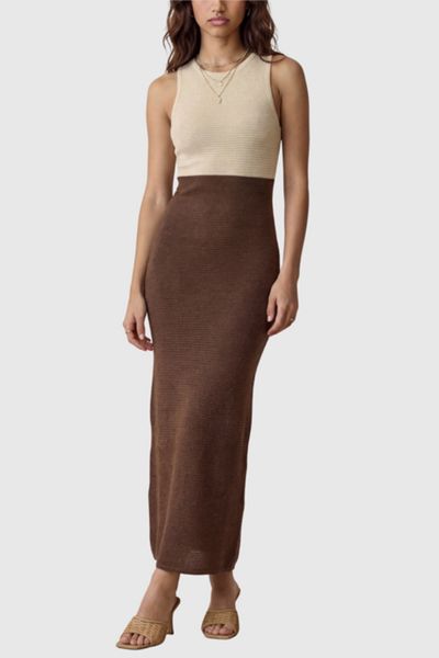 Modenaire Two-Tone Sleeveless Contoured Waist Maxi Dress