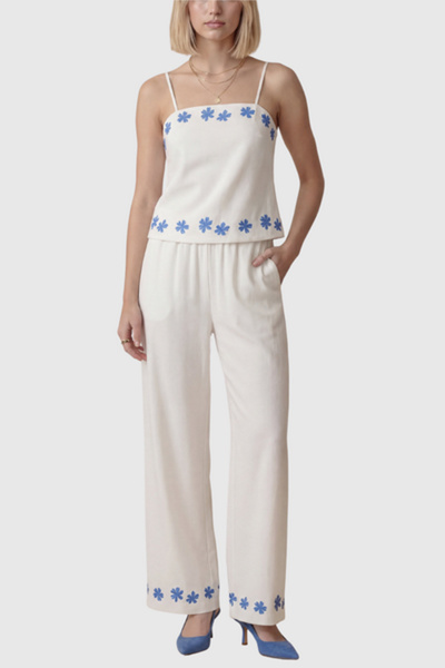 Modenaire Floral Embroidered Two-Piece Set with Camisole and Wide-Leg Pants in Off-White, Women's at Urban Outfitters