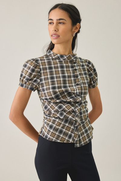 UO Cleo Check Puff Sleeve Asymmetric Button-Down Blouse | Urban