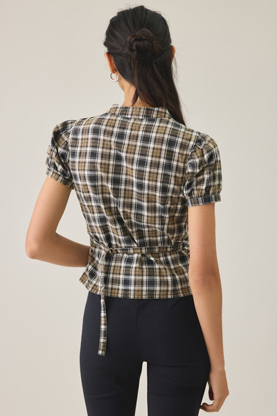 UO Cleo Check Puff Sleeve Asymmetric Button-Down Blouse
