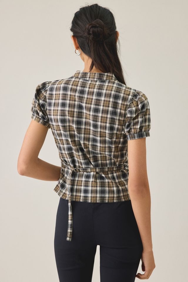 UO Cleo Check Puff Sleeve Asymmetric Button-Down Blouse #1