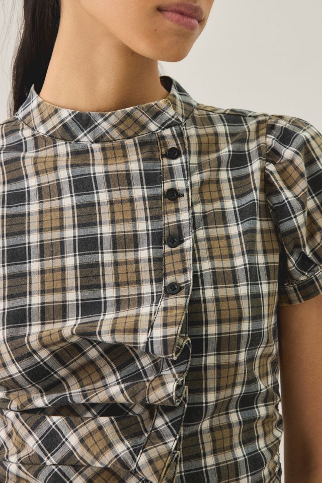 UO Cleo Check Puff Sleeve Asymmetric Button-Down Blouse #2