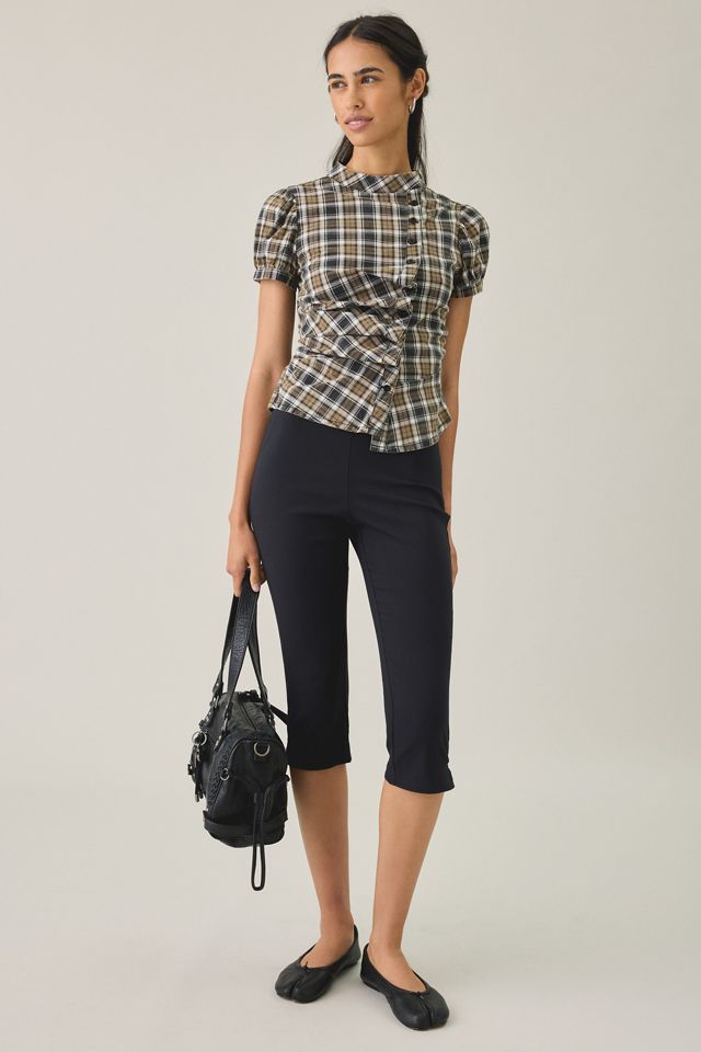 UO Cleo Check Puff Sleeve Asymmetric Button-Down Blouse #3