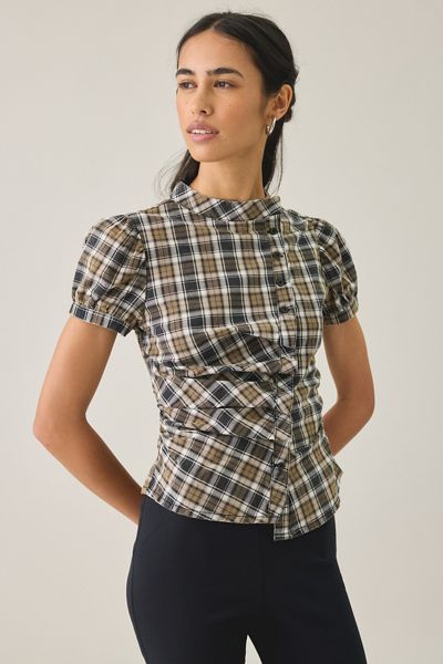 UO Cleo Check Puff Sleeve Asymmetric Button-Down Blouse