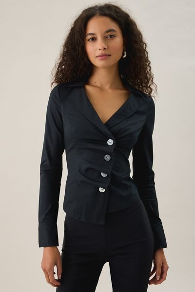 BDG Vix Asymmetric Ruffle Button-Down Shirt