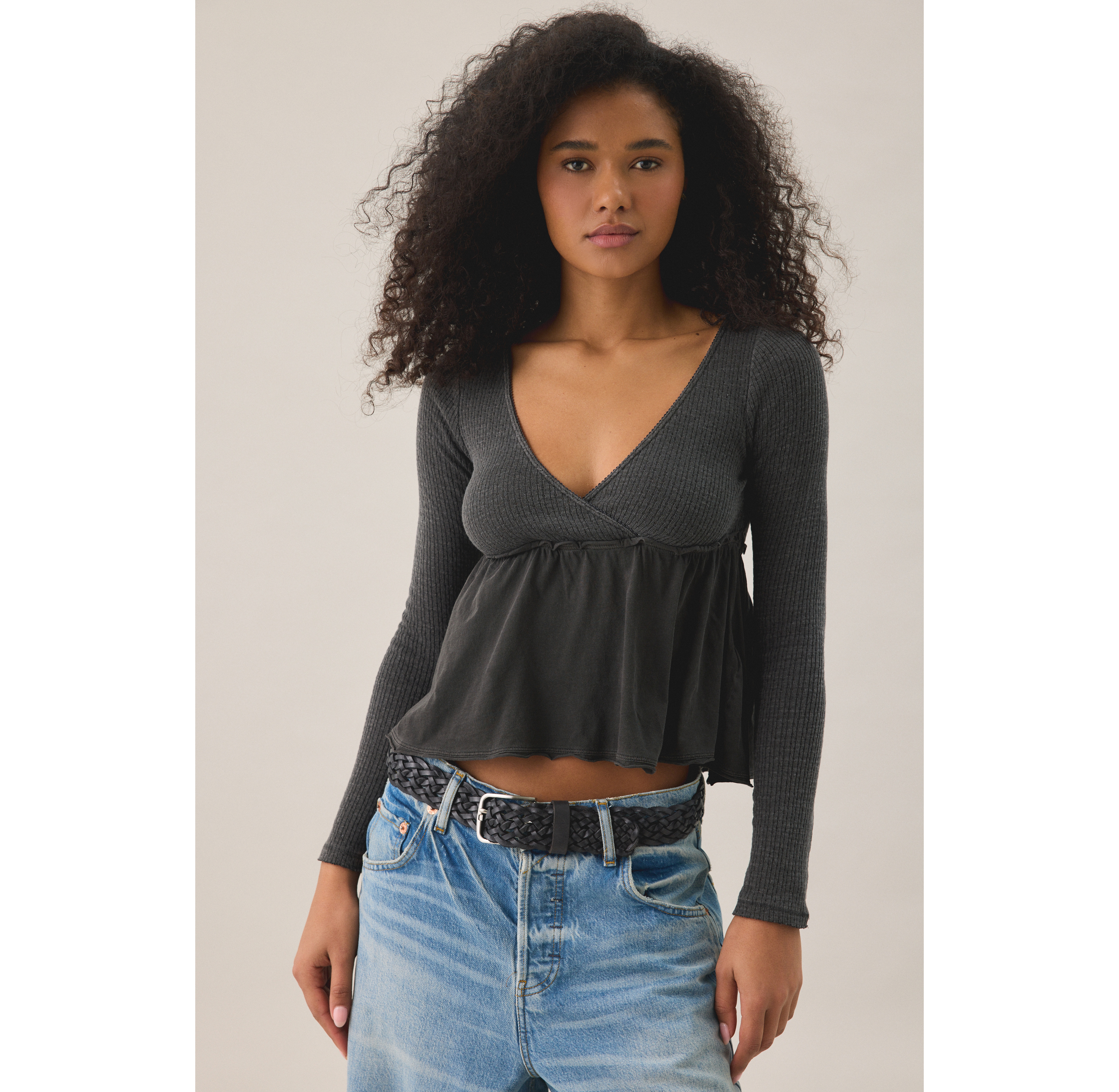 BDG Keepsake Surplice V-Neck Long Sleeve Babydoll Top
