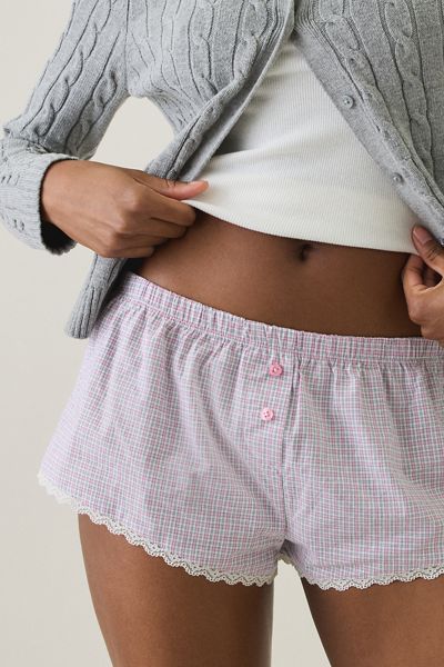 Out From Under Checked Out Lace Trim Cotton Boxer Micro Shorts