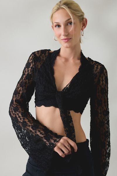 Kimchi Blue Nicki Sheer Lace Tie-Front Bell Sleeve Shrug