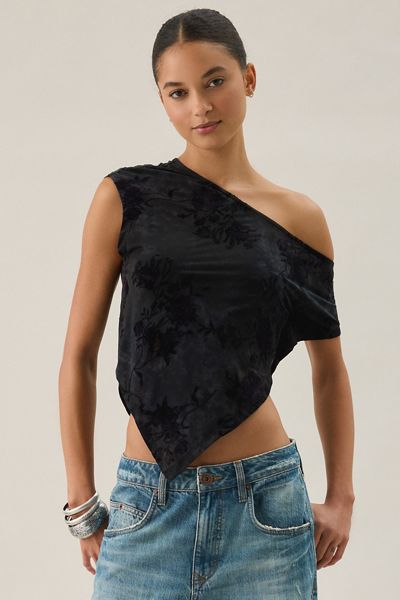 UO Bia Floral Flocked Asymmetric Off-The-Shoulder Poncho