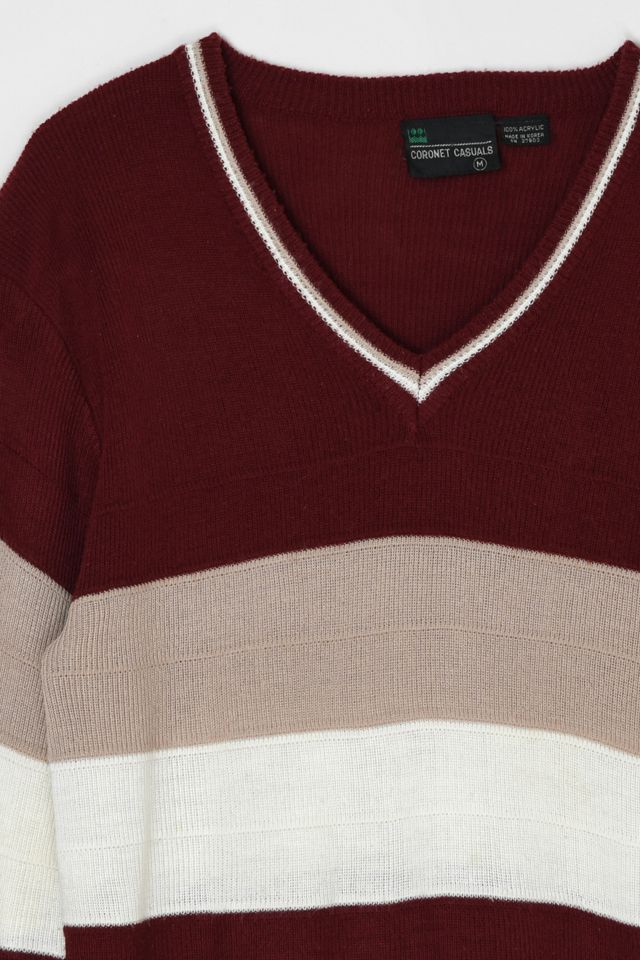 Vintage 70s Dark Red Striped V-Neck Sweater #1