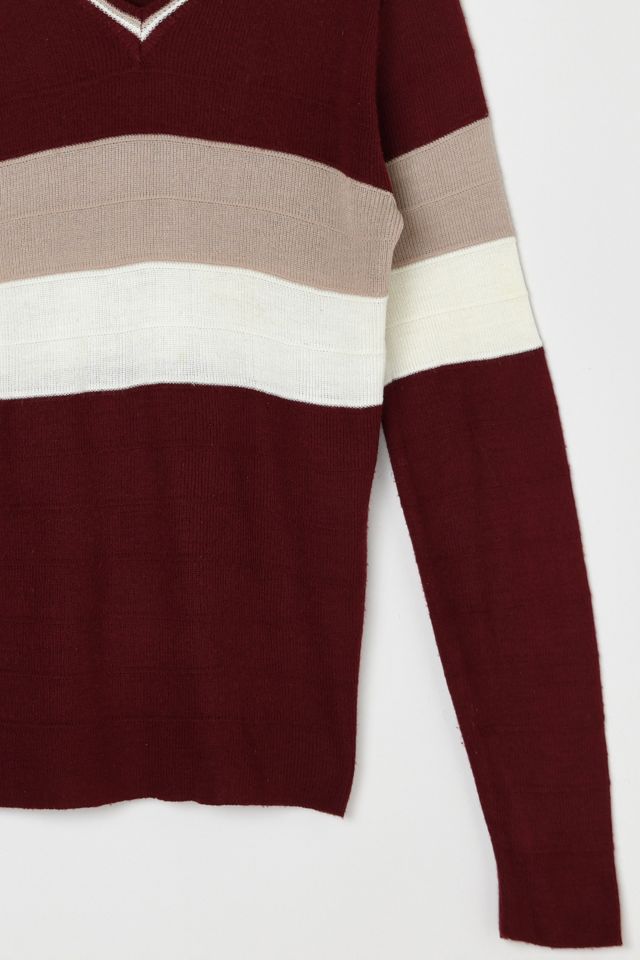 Vintage 70s Dark Red Striped V-Neck Sweater #2