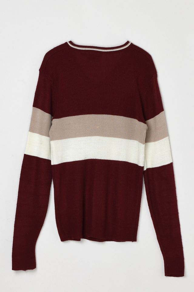 Vintage 70s Dark Red Striped V-Neck Sweater #3