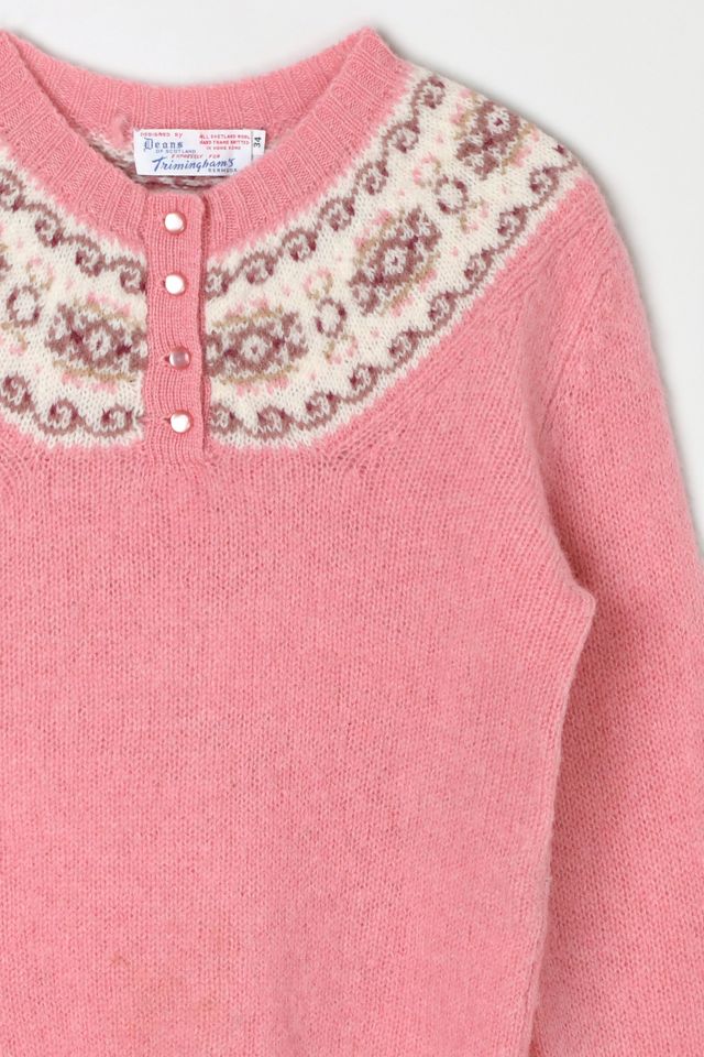 Vintage 1950s Pink Shetland Wool Fair Isle Sweater #1