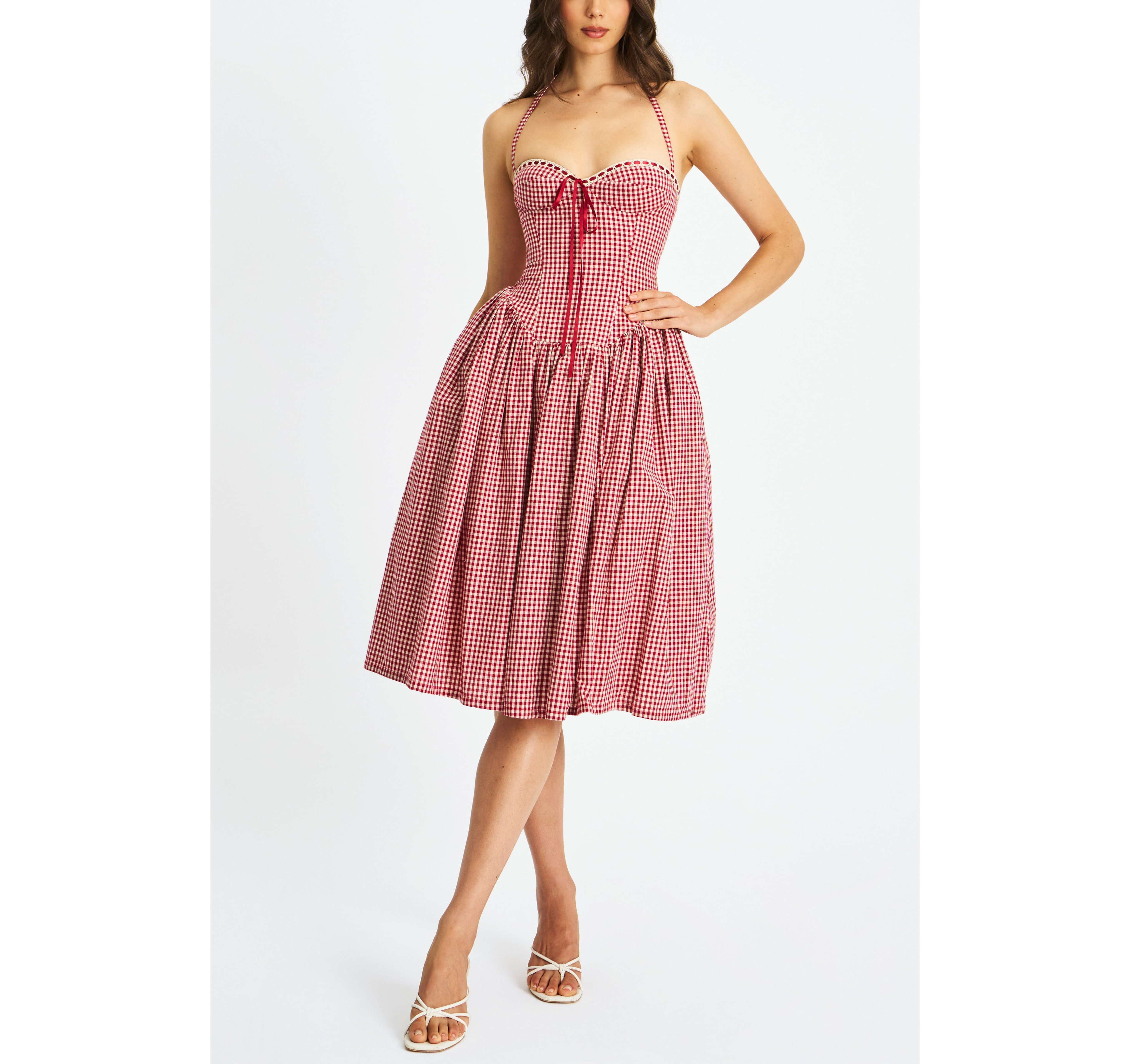 Miss Circle Susanna Cotton Gingham Drop Waist Midi Dress