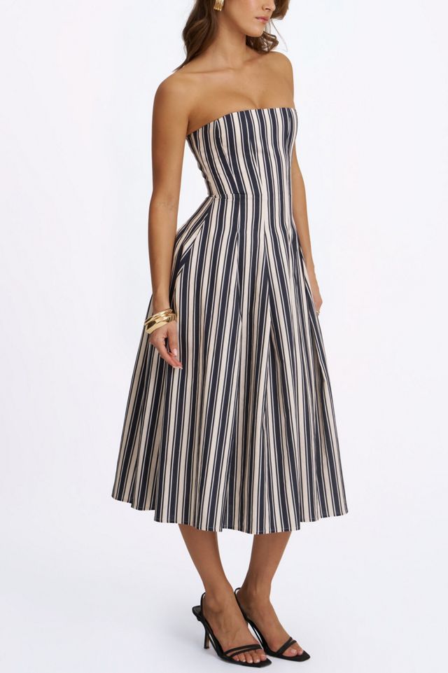 Miss Circle Wyanne Linen Striped Strapless Midi Dress | Urban Outfitters