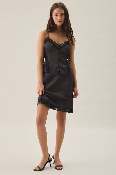 Kimchi Blue Candace Lace Trim Satin Knee-Length Skirt