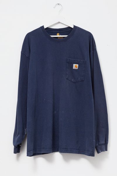 Vintage Y2K Distressed Carhartt Long Sleeve Pocket T-Shirt Navy Blue