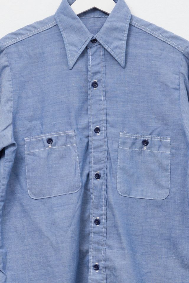 Vintage 1960s Blue Chambray Sheer Button Up Shirt Made in USA #2