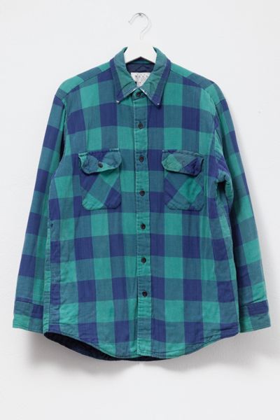 Vintage 1990s Distressed Green Blue Plaid Quilt Lined Button Up Work Shirt
