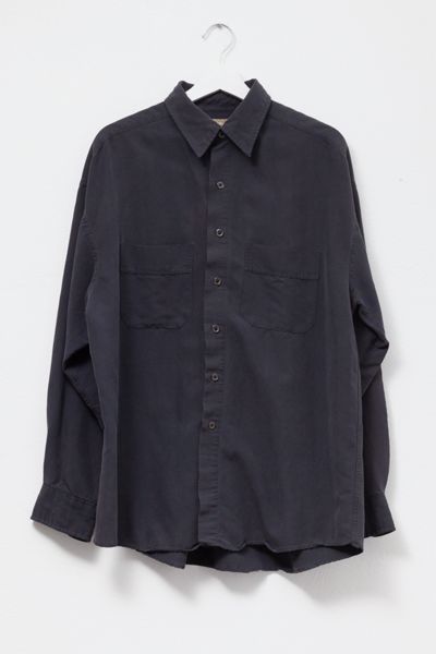Vintage 1990s Charcoal Gray Rayon Button Up Long Sleeve Shirt