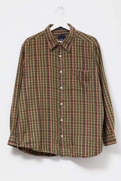 Vintage 1990s Distressed Cotton Green & Brown Plaid Button Up Shirt